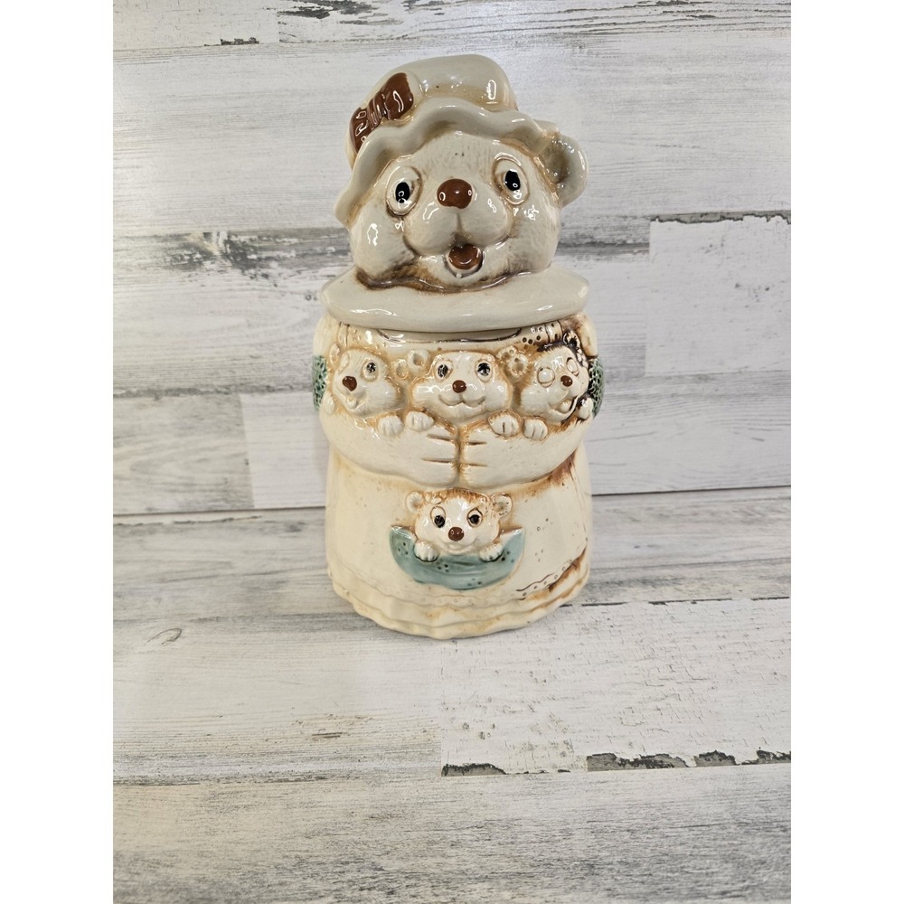 Vintage Ceramic Mother Bear and Cubs Cookie Jar Cream Brown Cottagecore 11.5in